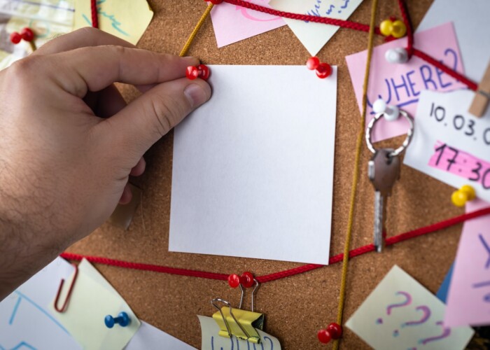 shallow focus photo of white paper sheet mounted on cork board